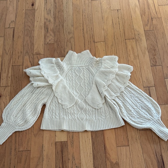 Davi & Dani | Ruffled Cable Knit Sweater | Cream | Balloon Sleeve | Turtleneck - Picture 5 of 5